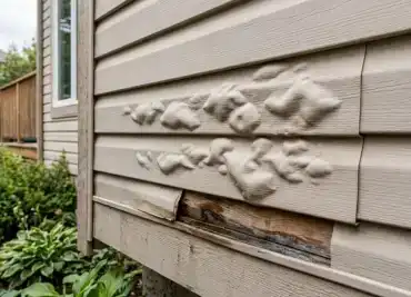 Bubbling and blistering siding on a Calgary home caused by moisture trapped beneath the panels