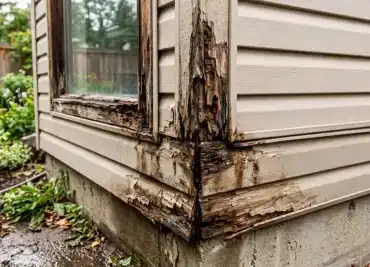 Rotting siding with soft spots on a Calgary home requiring immediate replacement
