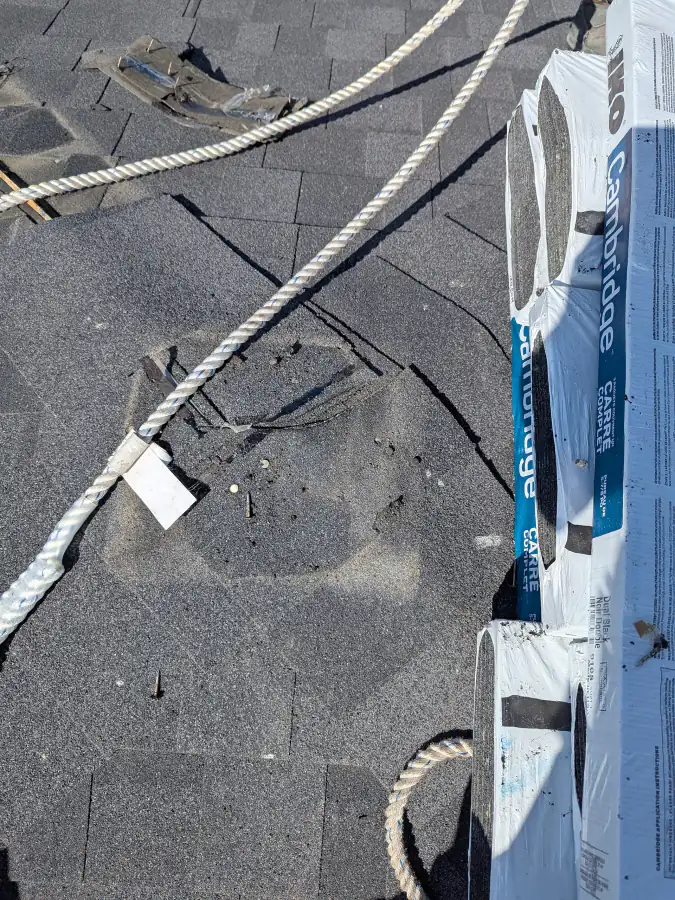 Torn shingles and exposed nail heads on a Calgary roof, a common source of roof leaks
