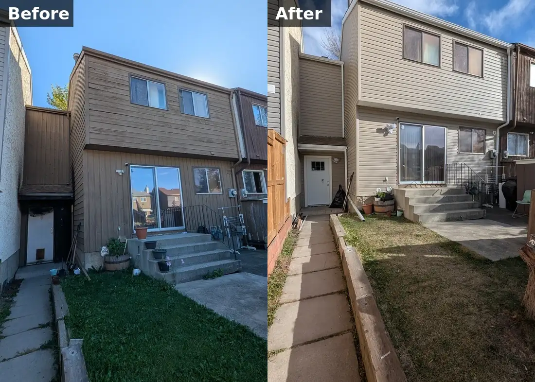 Before and after photos of the rear of a Calgary townhouse where old stained siding was replaced with new vinyl siding